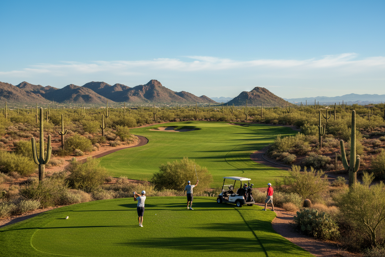 Desert golf course with golfers and golf cart
