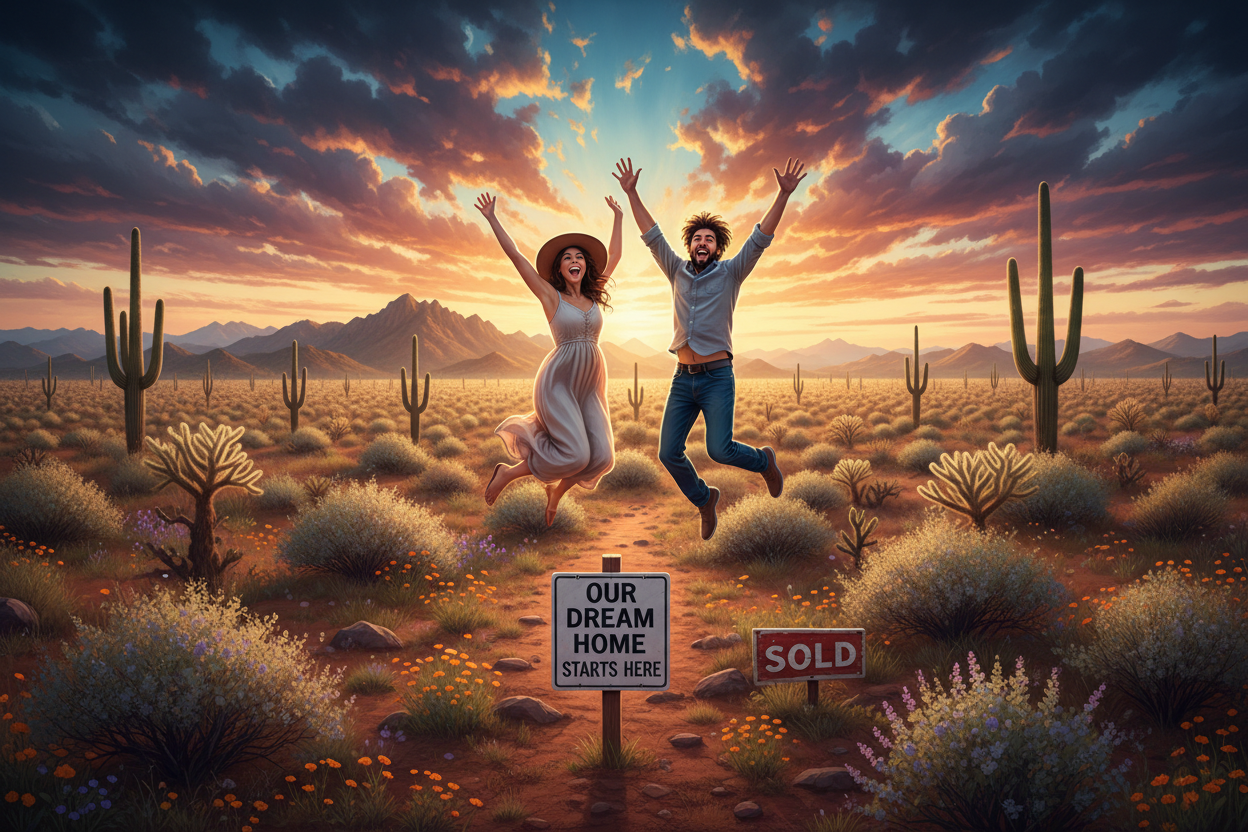 Excited couple jumping for joy on their Arizona land
